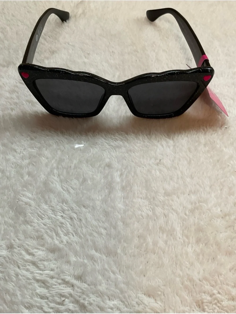 Betsey Johnson Black Cat-Eye Sunglasses with Pink Heart Accents
